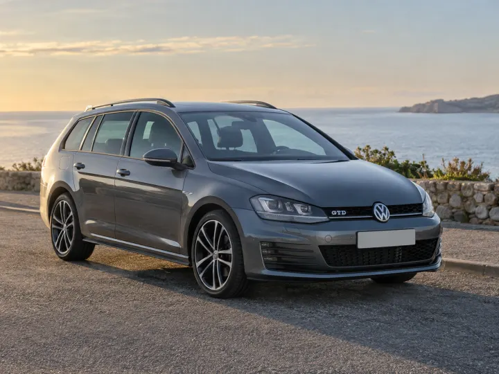 Grey VW Golf estate parked by the sea
