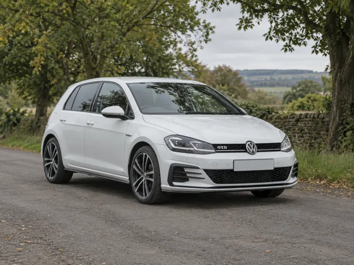 White VW Golf on a tree-lined road